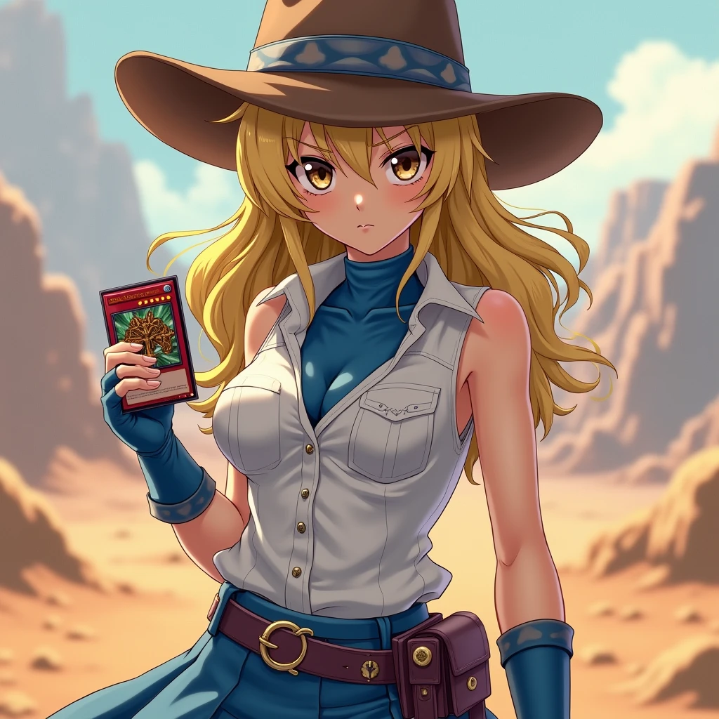 harayu, score_9, score_7_up, source_anime BREAK 1girl, cowboy shot, looking at viewer, uncensored, upper body, close-up,
asukatj_def, brown eyes, blonde hair, long hair, hair between eyes, sleeveless shirt, white shirt, blue gloves, fingerless gloves, blue skirt, turtlneck, holding yugioh card, yugioh card, hand up,
large breasts, skindentation,lips, blush, open mouth, determined,
desert, reflections, hazy sky, __colors__,