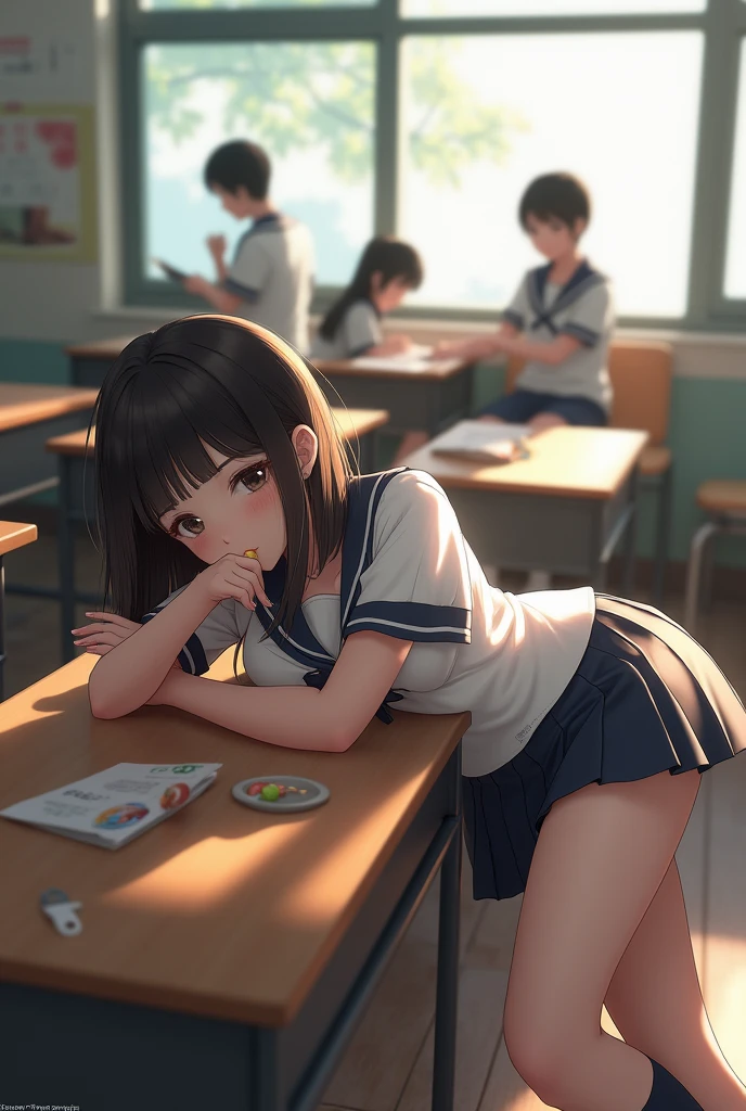 japanese, school uniform, cute, Whole body, provocative poses, classroom, lying on the table, sucking a lollipop, Realistic style, background students.