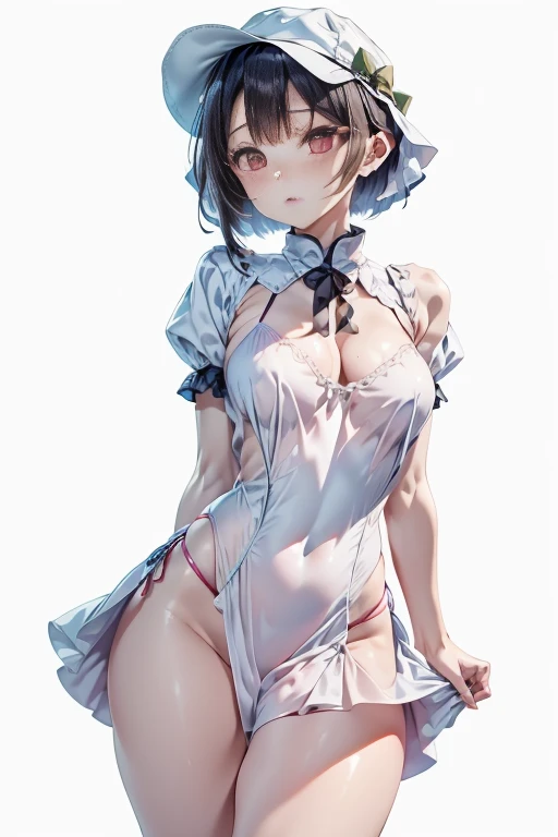 1girl,:o,black_dress,bob_cut,brown_hair,commentary_request,cowboy_shot,dress,hat,highres,looking_at_viewer,osanai_yuki,parted_lips,pink_eyes,puffy_short_sleeves,puffy_sleeves,short_hair,short_sleeves,shoushimin_series,simple_background,solo,teiku_(tokagezaurusu),twitter_username,white_background,white_hat, best quality, masterpiece, nai3