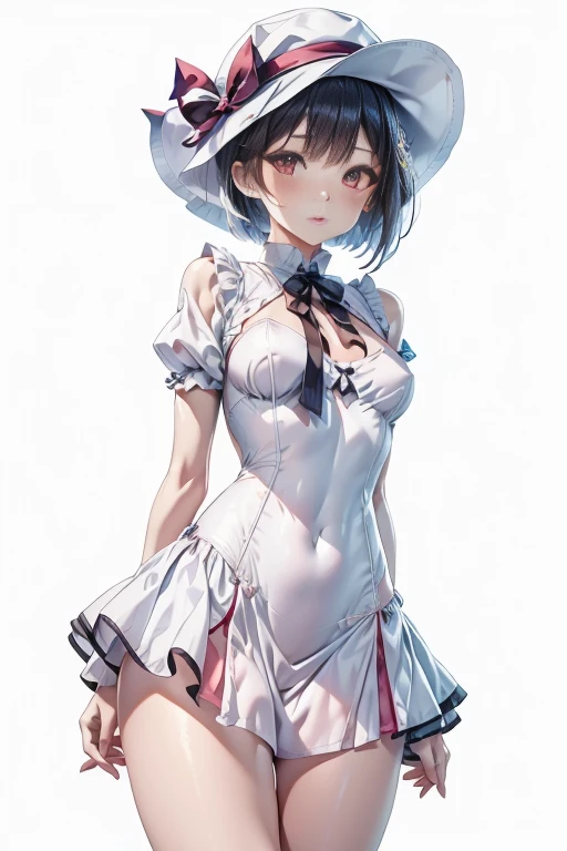 1girl,:o,black_dress,bob_cut,brown_hair,commentary_request,cowboy_shot,dress,hat,highres,looking_at_viewer,osanai_yuki,parted_lips,pink_eyes,puffy_short_sleeves,puffy_sleeves,short_hair,short_sleeves,shoushimin_series,simple_background,solo,teiku_(tokagezaurusu),twitter_username,white_background,white_hat, best quality, masterpiece, nai3