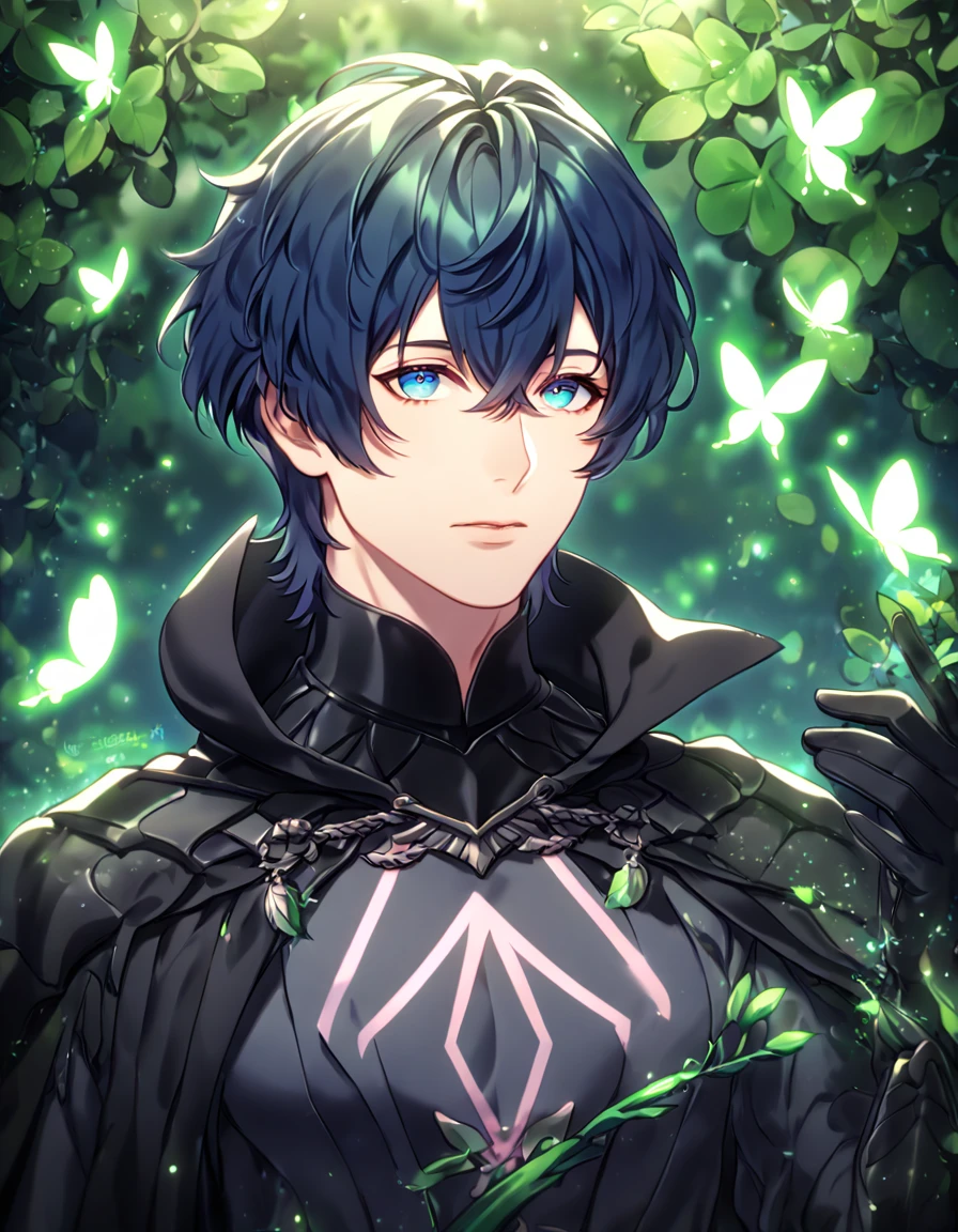 absurdres, highres, ultra detailed, HDR, master piece, best quality, extremely detailed, detailed eyes, Byleth, dark blue hair, expressive blue eyes, Fire Emblem Three Houses, solo, sexy man, sensual, handsome, manly man, adult face, black cape, black clothes, black gloves, under a green tree, fantasy, magical, glittering fireflies, green butterflies, green flames, magic, green leaves