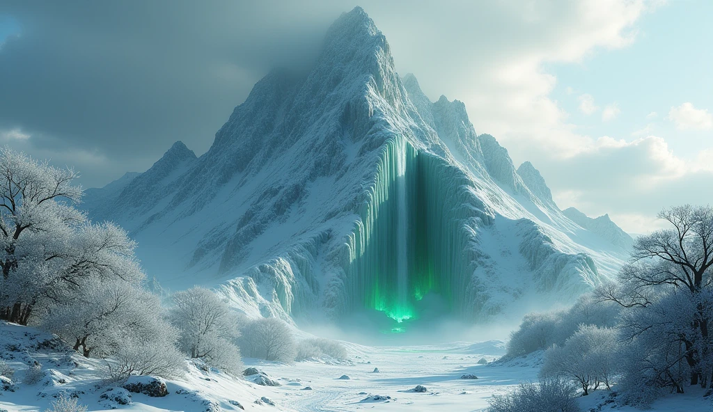 a majestic snowy mountain, one half made of smooth jade, the other half covered in twisted, gnarled trees, cinematic lighting, breathtaking landscape, highly detailed, photorealistic, 8k, masterpiece