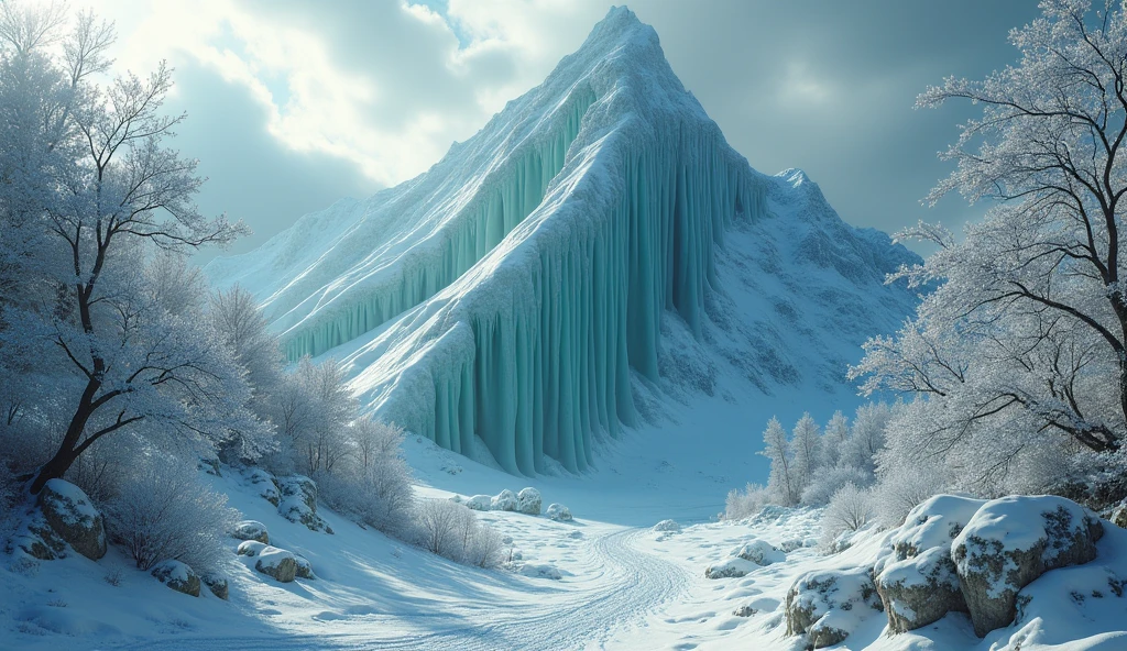 a majestic snowy mountain, one half made of smooth jade, the other half covered in twisted, gnarled trees, cinematic lighting, breathtaking landscape, highly detailed, photorealistic, 8k, masterpiece