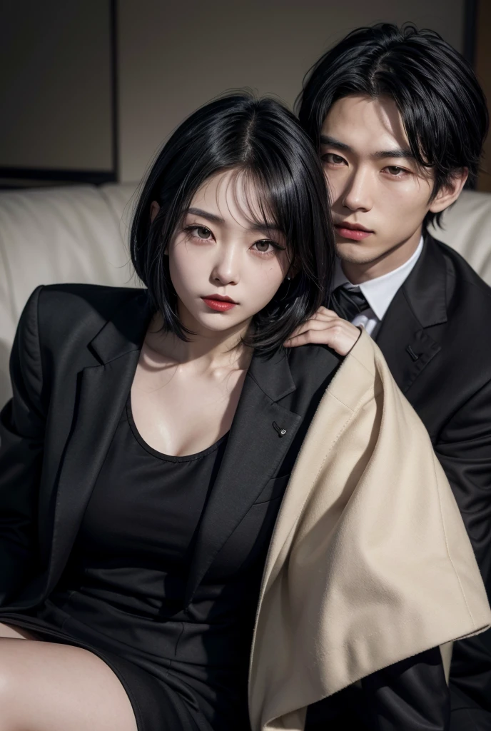 A 2 Japanese woman, with short black hair, and a short black dress, with red lipstick. And a 1 Japanese guy with black hair and black eyes too, in a suit