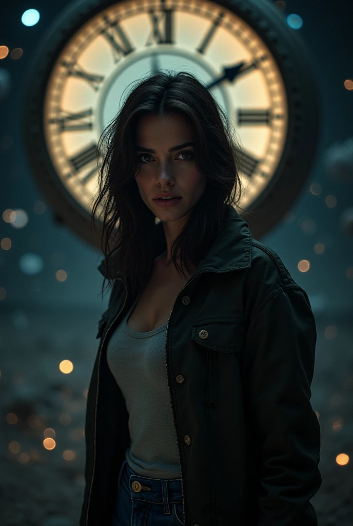 beautiful woman. dark brown hair. She is looking at the camera with a serious expression. She is wearing jeans and a jacket. Image of outer space with clock in space behind woman.