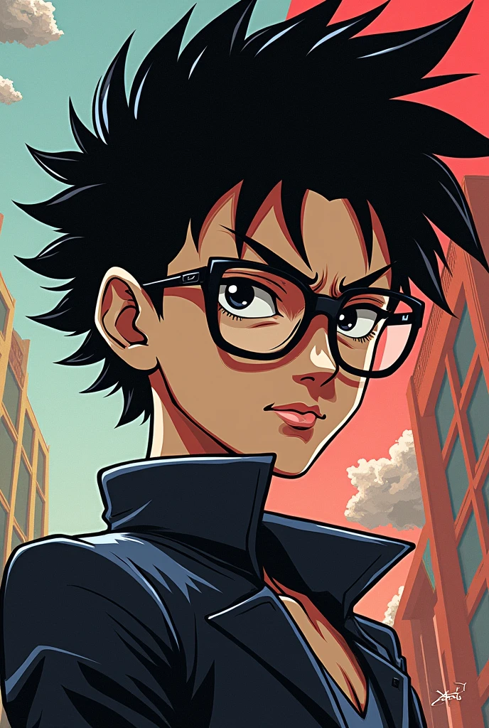 (jojo anime style) with black hair and glasses