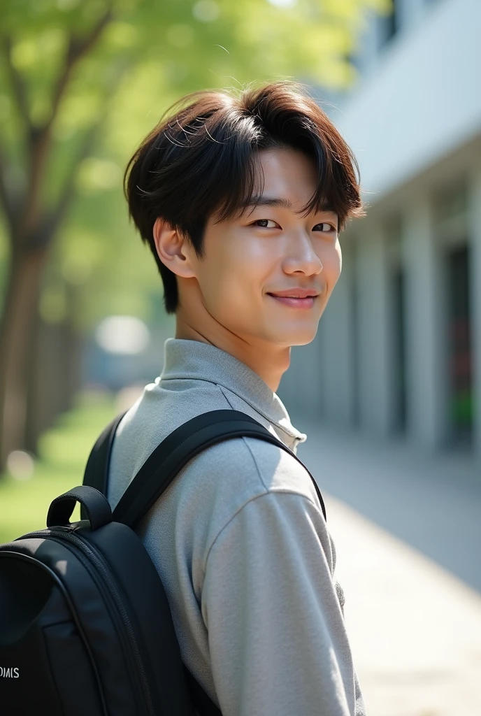 Photorealistic, 8k whole bodyポートレート, Handsome, mens, Gentle expression,smile,Brown Hair,Fine skin,20-year-old Japanese,University campus,Bangs that reach the eyes,The front hair is down,Short-haired man,Looking Back,whole body
