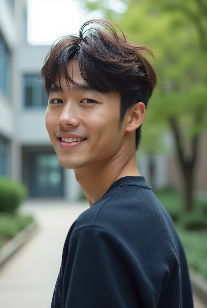 Photorealistic, 8k whole bodyポートレート, Handsome, mens, Gentle expression,smile,Brown Hair,Fine skin,20-year-old Japanese,University campus,Bangs that reach the eyes,The front hair is down,Short-haired man,Looking Back,whole body