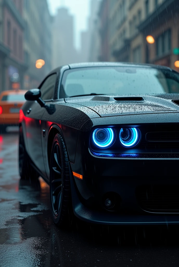 Dodge Challenger preto com farol redondo azul, in the rain blurred images in the background High resolution and shows the entire car from the side