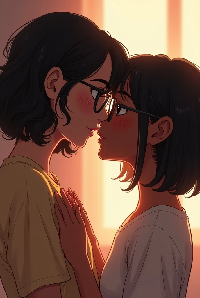 one girl burnette darck skin with straight short hair kissin a white girl with glasses and wavy dark hair