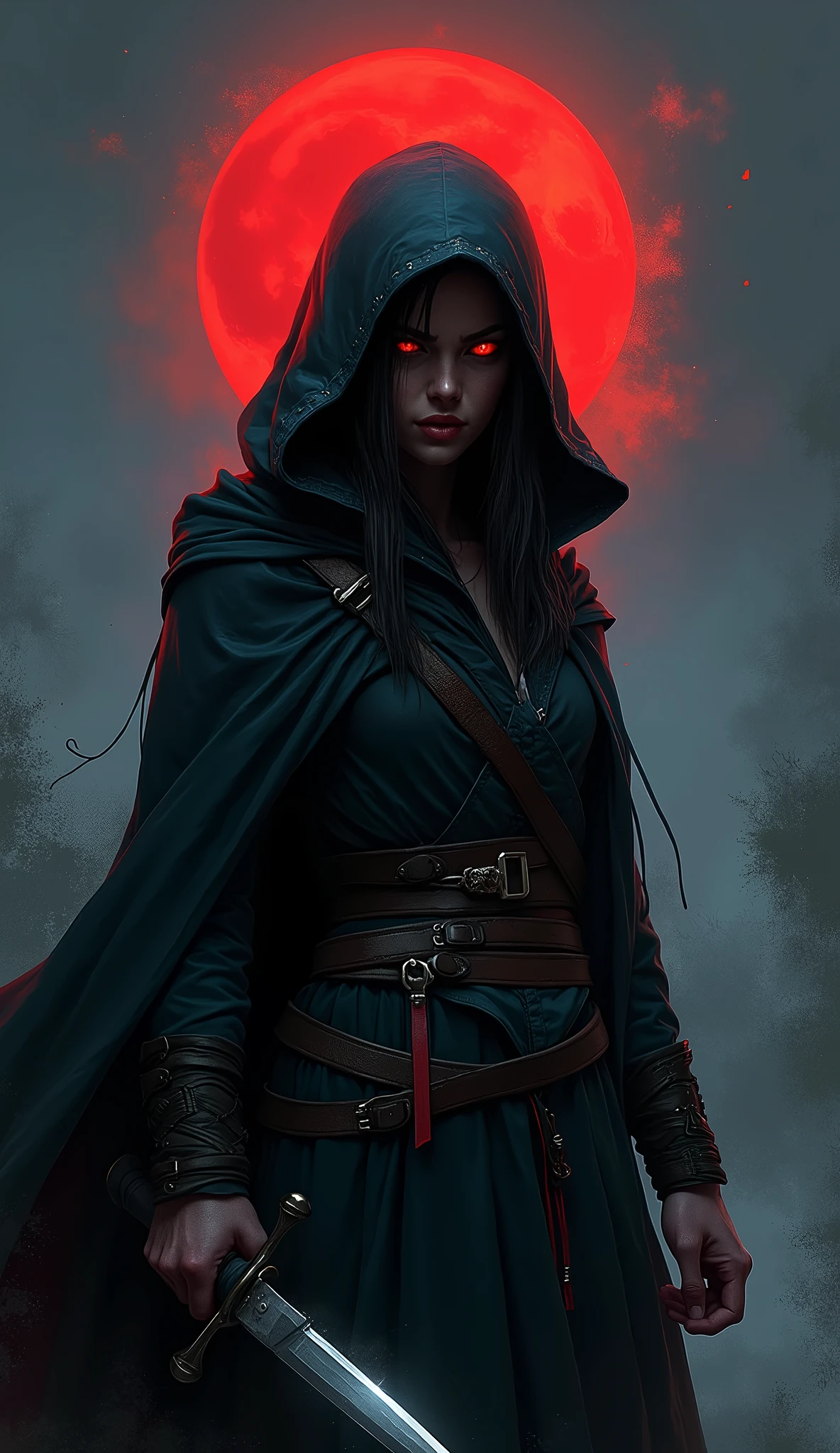 girl assassin in hood and cloak, holding a knife, crazy face, crazy grin, realistic style, upper body, dark sky blood moon background