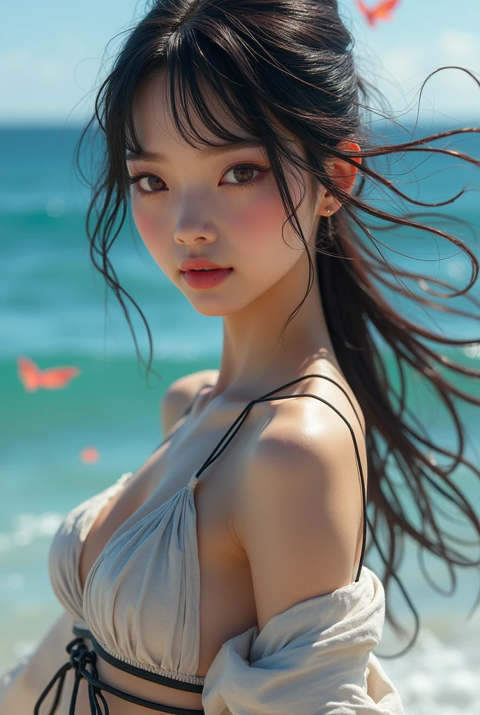 ((masterpiece)), ((Highest quality)), (Beautiful Japanese girl portrait), Eye for perfect detail, Face in perfect detail, Very elaborate nose, Open your mouth, Perfect muscle, Perfect Teeth, A well-defined body, Tight clothing that shows the lines of the body, Charm, Perfect Face, Dimples on cheeks, Depth of written boundary, High resolution, ((Realistic skin texture)), (Well-proportioned hands), Thin lips, Random color hair, Floating multicolored hair, Narrow waist, Sea background