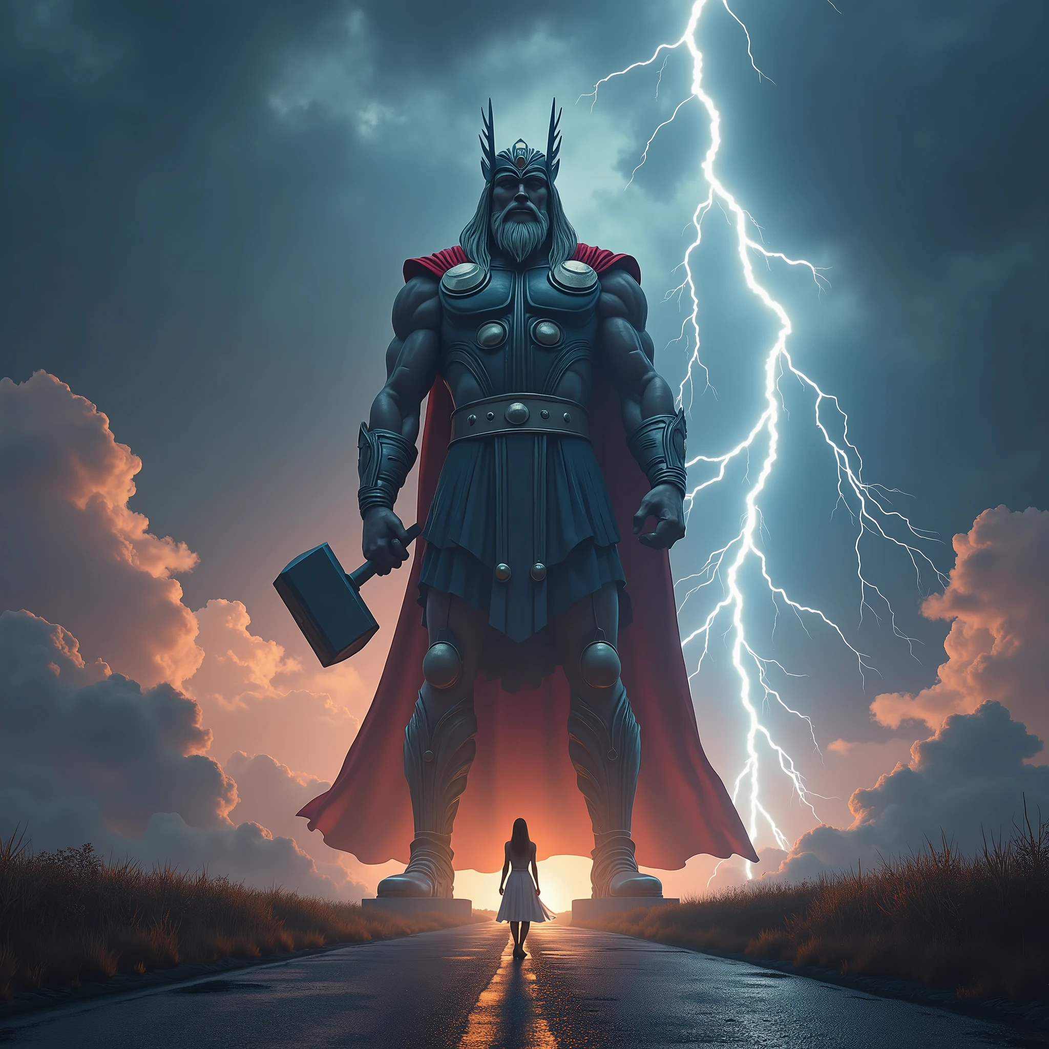 ((work of art)),(best qualityer)),greek style,in the universe,A huge statue of the god Thor stands in space,Lightning in the sky, Look to the camera,Thor standing,Thor holding the hammer in his right hand, glimmering,glow effect,fully naked blonde woman with big ass on the road,Hyper-Realism,hyperphotorealism,real photography,8k,High definition,high qualiy,work of art,very well, (((offwhite))),Discoloration,blurring,inking,8k,very well,high qualiy,(((oc renderer)))