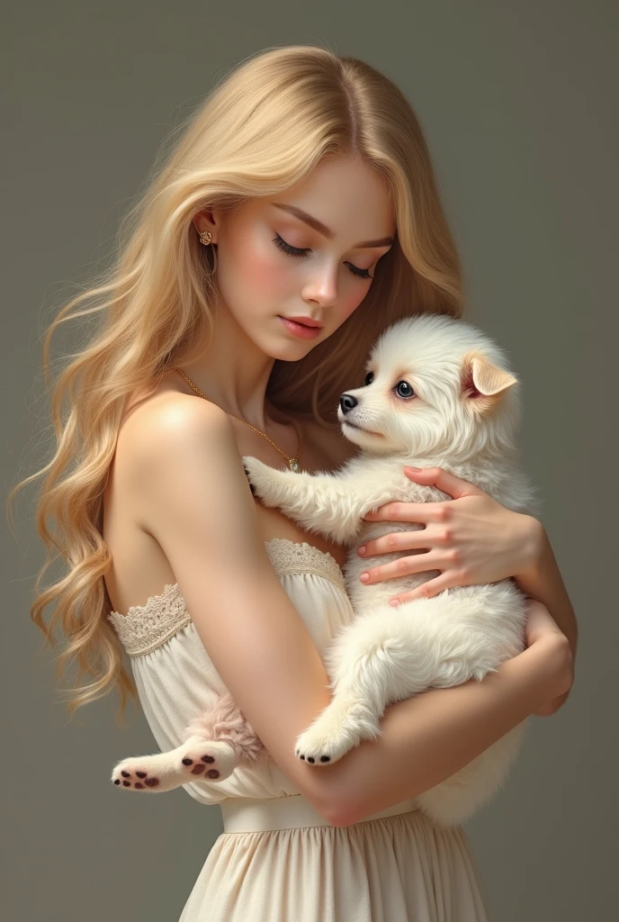 Blonde woman with small white dog