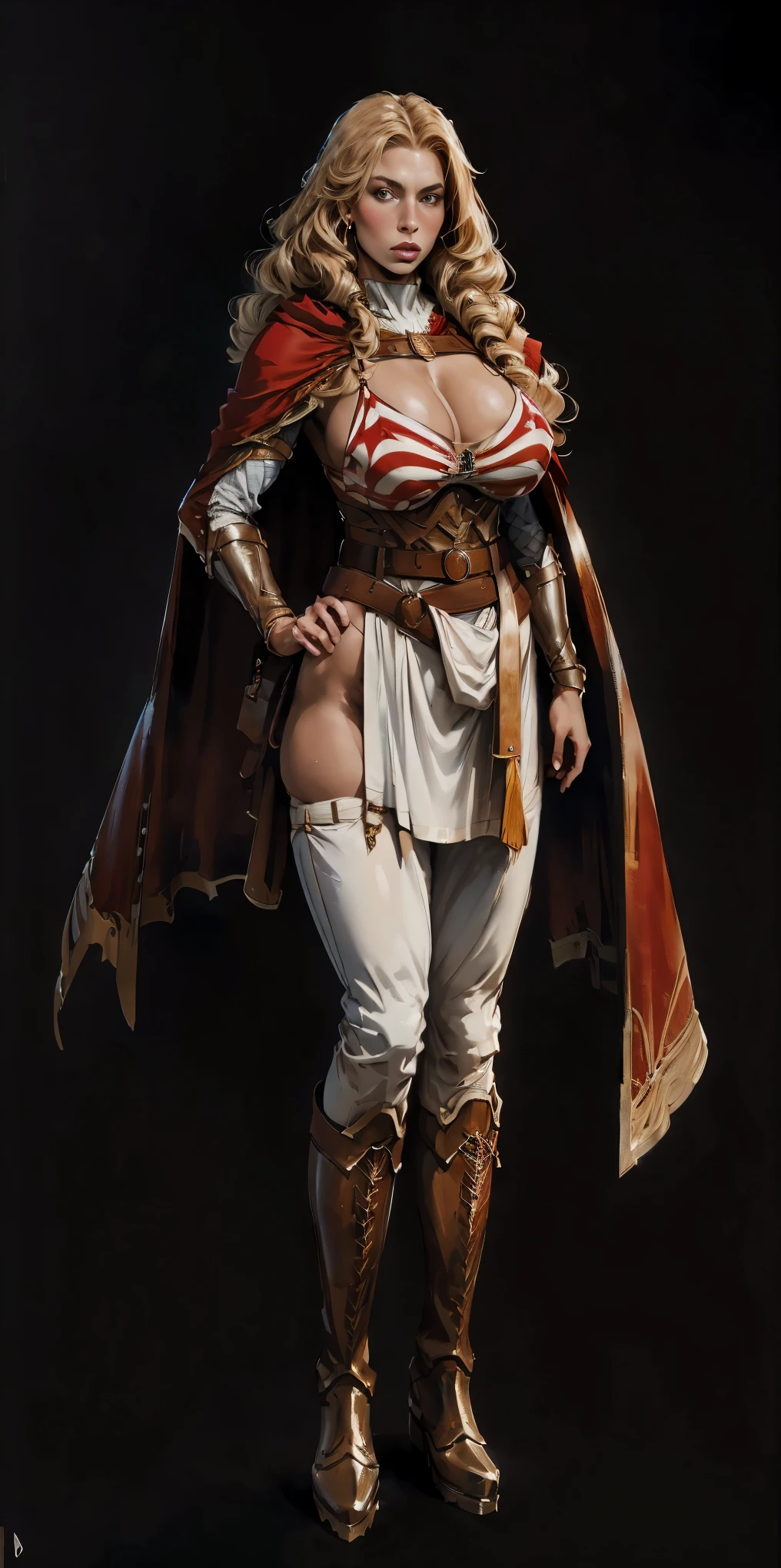 (masterpiece, best quality) (black background) full body standing straight symmetrical, FEMALE warrior princess Mercedez Von Martritz, twin big belt around waist, long curly blonde hair, very white skin, female wearing full body bikini armor with red cape, brown leather boots, adventurer outfit, veteran warrior bimb