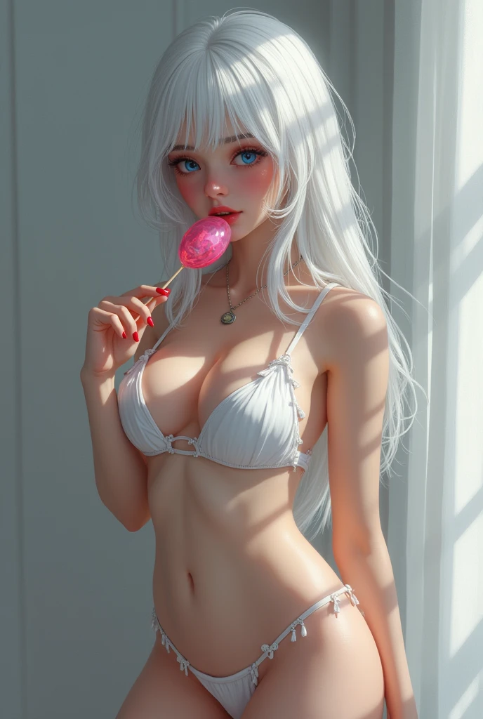 ((work of art)),((best qualityer)),((high détail)),((realisitic,)),((big boobies)),((Unclothed)),((new)),((naked)),((White hair)),((beautiful girl)),((Youngh)),((blue colored eyes)),((lollipop))