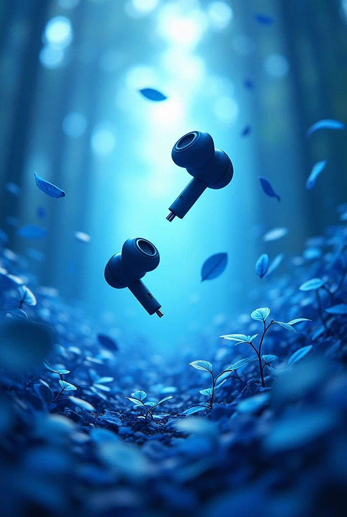 Earbuds fyling blue leafs background vocals and vocals on the album cover and guitar solo by the band. Animation loop