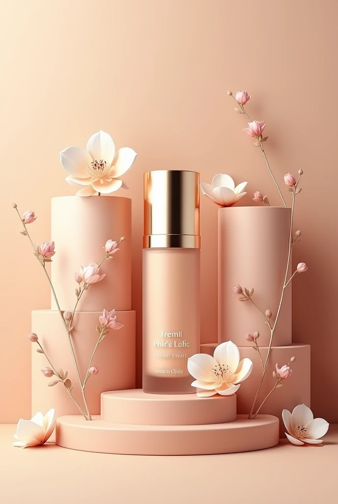 Create a foundation with elegant, floral packaging and colors that are beige and rosewood, that the shape is cylindrical so the product can be seen, and that the name of the product is pink petal. 

