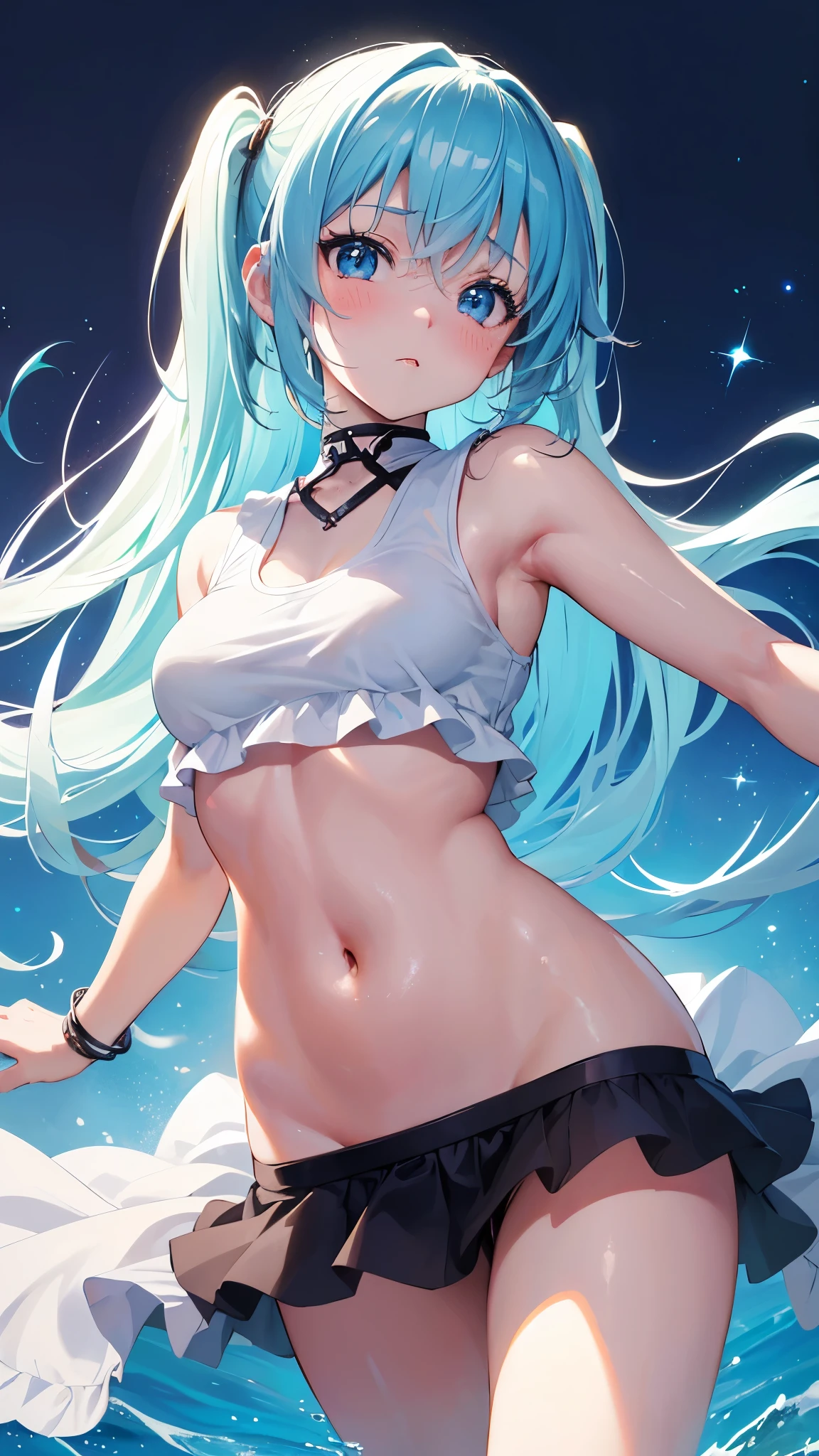 (((anime-style cute face)))、Light blue twintails、Beautiful brown skin:1.7、blush、Very big eyes、anatomically correct body、Thighs、The face is bright、Professional Lighting、Very small breasts、(Highest quality1.5, Anime artwork, Anime Style, Studio Anime, Very detailed, Anime Coloring, High Contrast, masterpiece, Highest quality, Best aesthetics), ((Short white T-shirt)), ((Soaking wet))、 Normal hip joint, Perfect Fingers, Five Fingers, Anatomically correct, Underboob、Belly button、The black mini skirt has lively frills、Nipples are very erect、Beach、Shooting from below