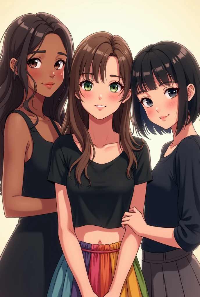 I want an AI image of three girls:

The first girl, left side, has very long dark brown hair that is wavy at the ends, black eye, and it is average, wears a black dress. SHE HAS LIGHT BROWN SKIN. happy expression.

The second girl, middle, has very long straight brown hair and green eyes, is of average height and wears a black crop top with a colorful skirt. happy expression.

The third , right side, has medium straight black hair with bangs, dark BLACK eyes and is short. She is Asian and wears a black blouse.. happy expression.