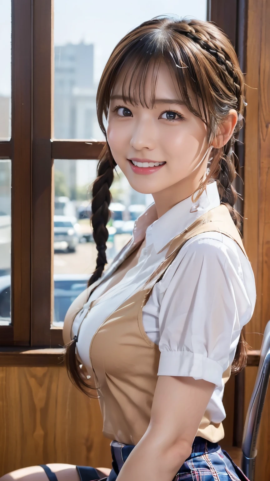 (Realistic:1.4, 8k), Top Quality, Masterpiece, Ultra High Resolution, Perfect Dynamic Composition, (Cinematic Lens Effect), (Beautiful Face), (Brown Hair:1.3, Short Twin Tail), (Braids), Detailed Skin and Face Texture:1.3, Tanned Skin:1.0, Perfect Proportions Medium height, Gleaming legs, Limb detail, Cute and sexy one schoolgirl, (totally charms you:0. 9), (Uniform: 1.3, white shirt, checked skirt), Huge bombshell , Big cleavage, (Gal makeup, eyeliner, lip gloss, beautiful erotic eyes: 0.85), Sexy face: 0.8, ( (beautiful eyes, thick lips, beautiful erotic taste: 0.85), (too pretty woman: 0.9), (classroom, machine, chair, big window), (look at camera), (extreme close-up: 1.3), ((smile)), (open mouth: 1.4), tongue, etc.