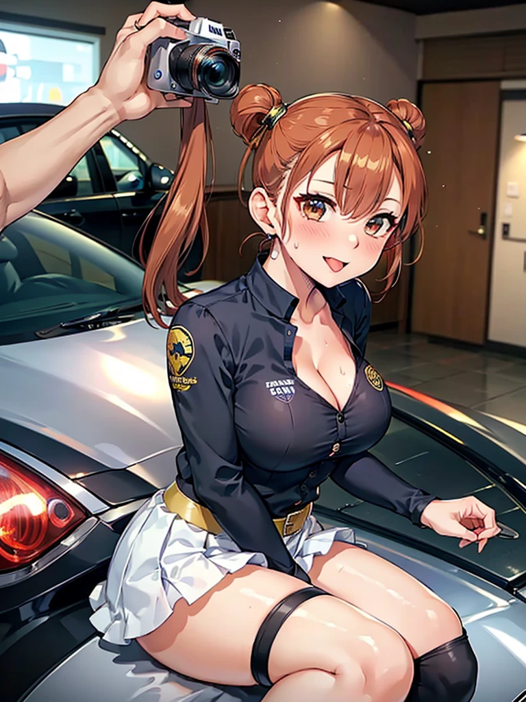((Highest quality)), ((masterpiece)), (detailed), One person,5,Race Queen,model,(Sit on the hood of a car),(White mini skirt),(Blue top),(Open the button your shirt),Navel exposed,Big Breasderbust,(Her cleavage is visible)d expression),(Captivating look),Several men with cameras,(modelの女の子を囲みます),(Excited Men).Browsing Caution,sexy,(Put your hands togetheweat,(Black garter belt),(Move your tongue up and down),