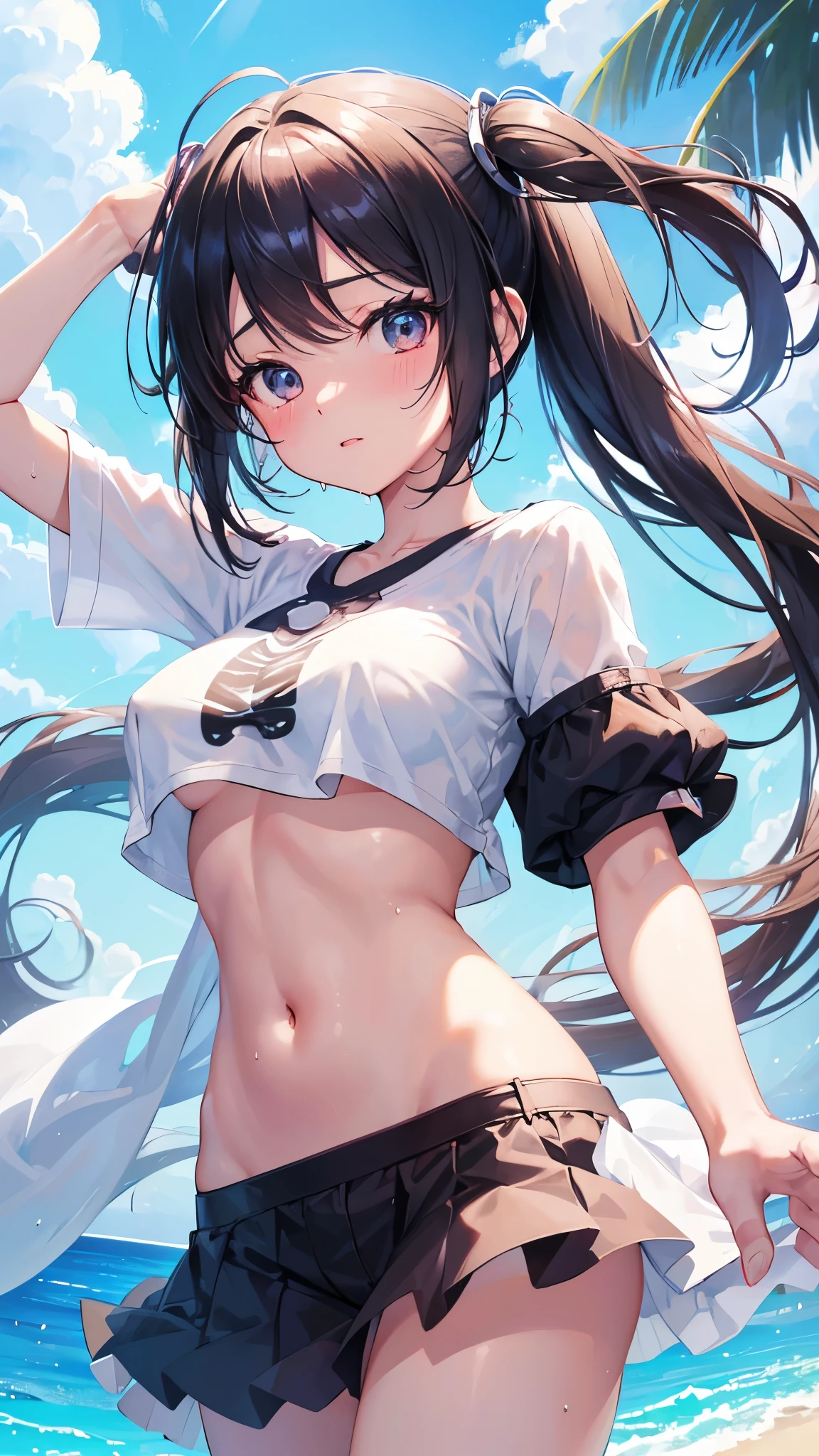 (((anime-style cute face)))、Light blue twintails、Beautiful brown skin:1.7、blush、Very big eyes、anatomically correct body、Thighs、The face is bright、Professional Lighting、Very small breasts、(Highest quality1.5, Anime artwork, Anime Style, Studio Anime, Very detailed, Anime Coloring, High Contrast, masterpiece, Highest quality, Best aesthetics), ((Short white T-shirt)), ((Soaking wet))、 Normal hip joint, Perfect Fingers, Five Fingers, Anatomically correct, Underboob、Belly button、The black mini skirt has lively frills、Nipples are very erect、Beach、Shooting from below