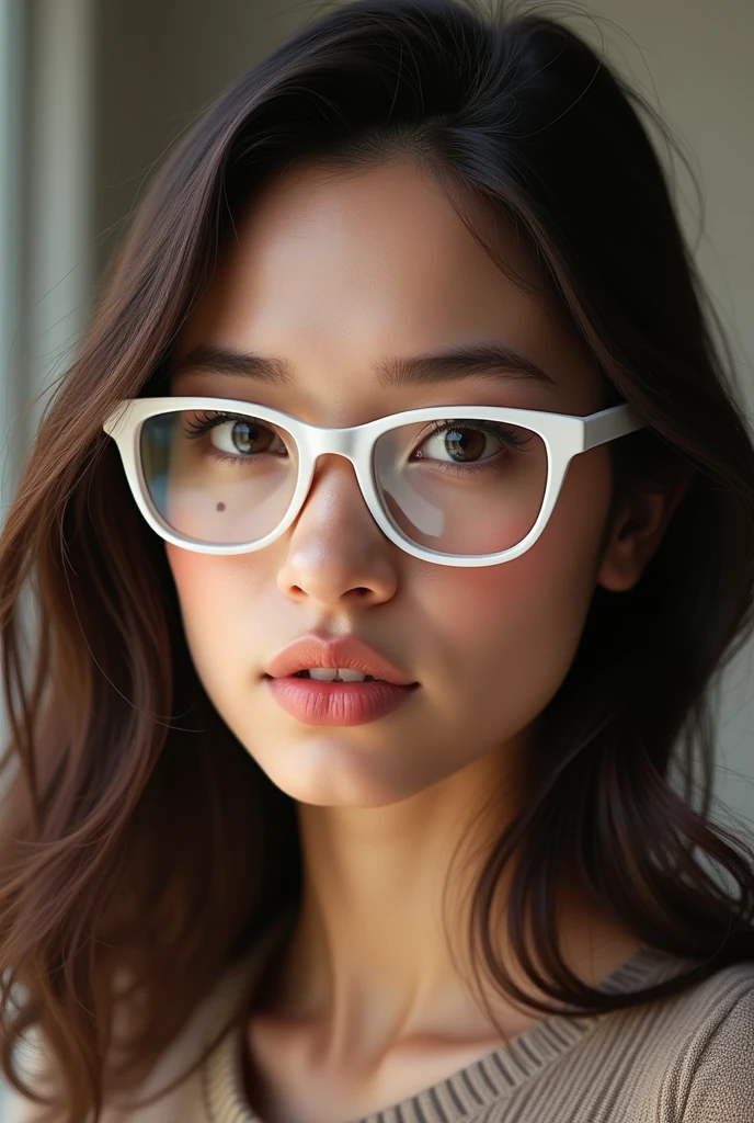 Uma mulher de 18 anos, Caucasian skin, dark brown hair and light brown eyes, Polish and German descent but born in Brazil, Oval shaped face, hair up to two centimeters below the shoulder, a mole on the nose, big eyelashes and white rectangular glasses