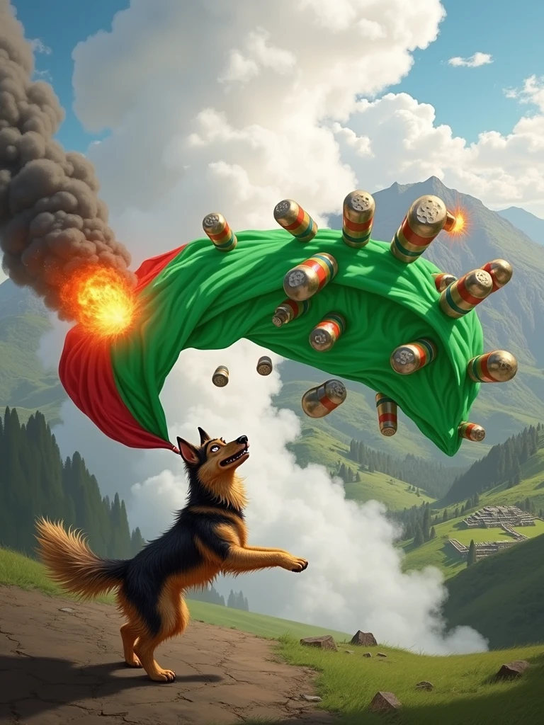 Curli the dog standing on two legs throwing bombs at Peru
