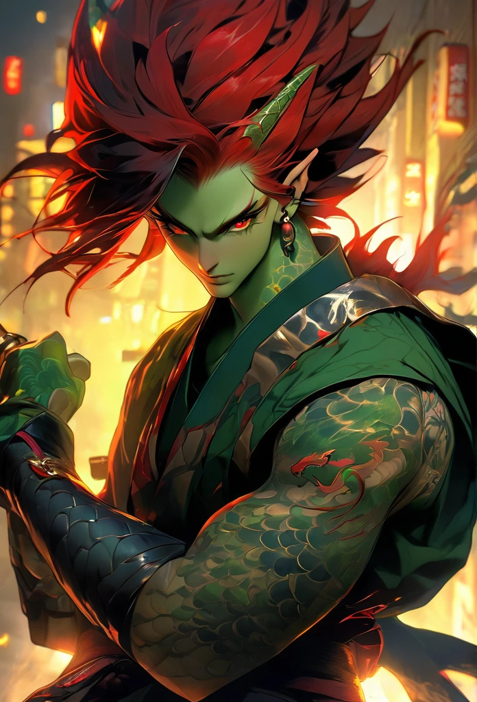 、male、male性、nice、maleらしい、Redhead、Two-tone green、Red eyes、Japan tattoo on arm、Earrings、logic、human、Dragon、night、Eyes glow red、knife、Combat Uniform、Character portrait、model、vtuber