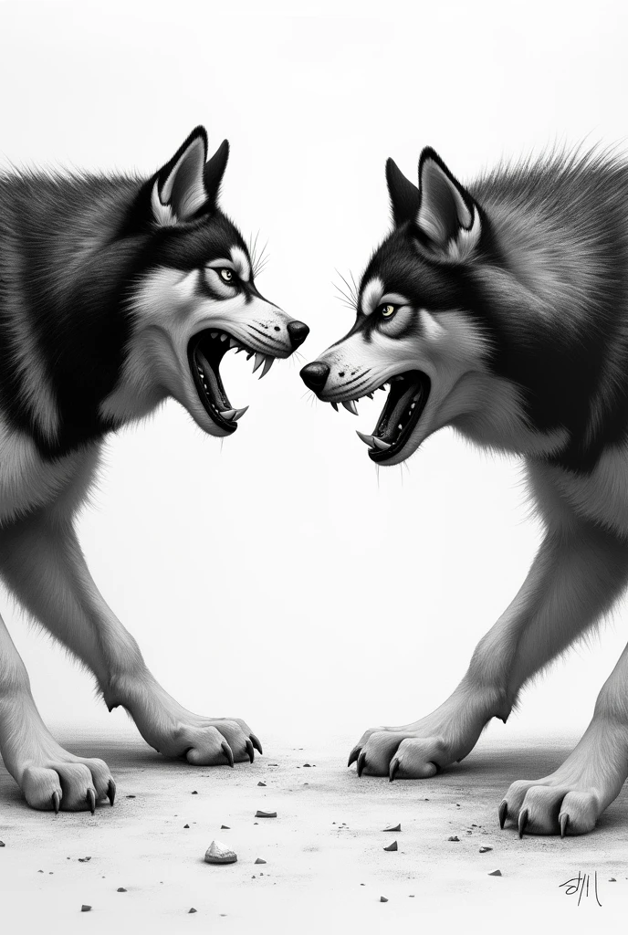 Drawing of two hungry and angry Siberian Husky dogs
