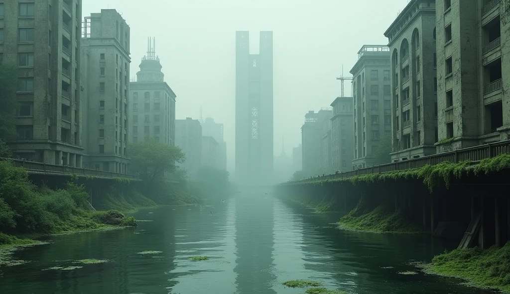 A half-submerged abandoned city, like a scene from a movie