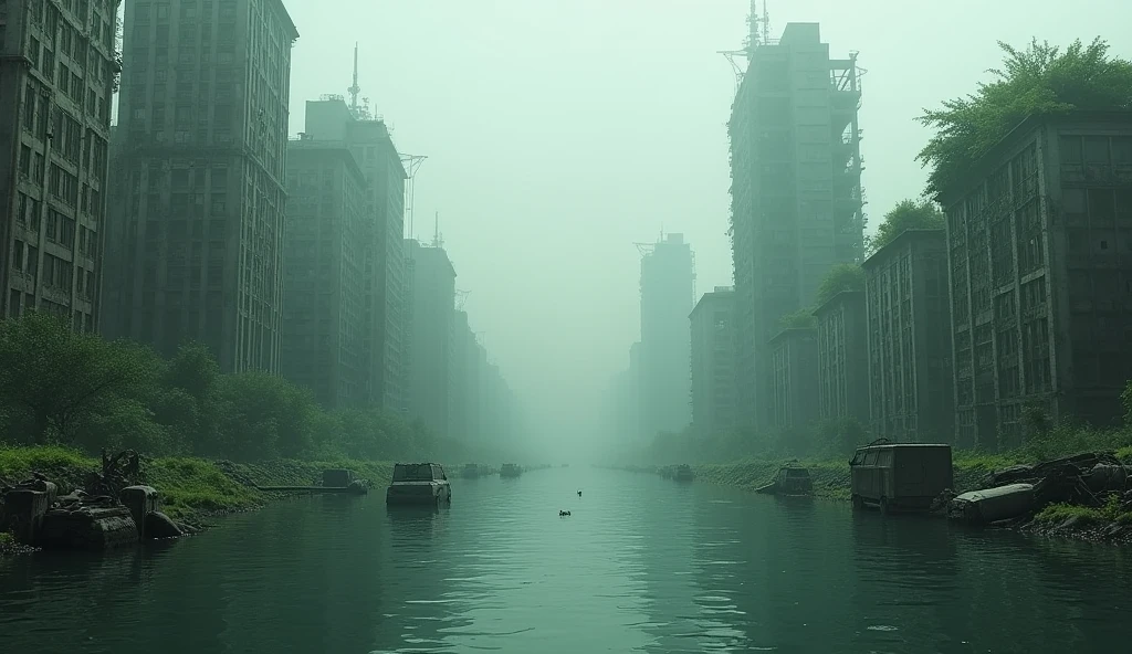 A half-submerged abandoned city, like a scene from a movie
