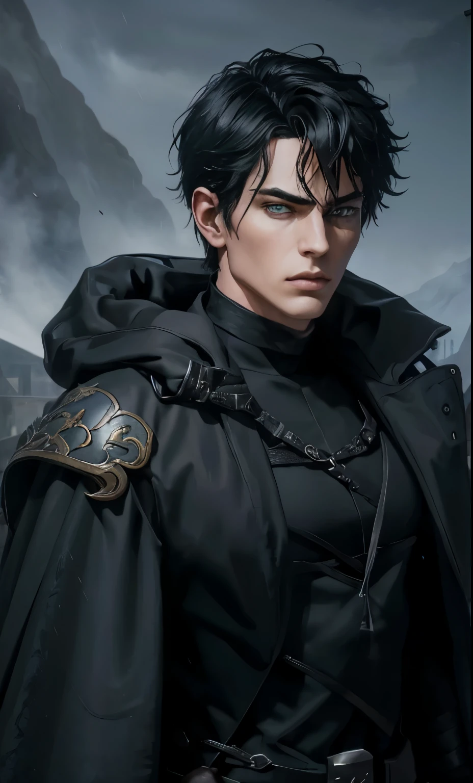 (an androgynous male assassin:1.1),wild black hair,green eyes,slim,black assassin clothing,in a castle,medium:oil painting,detailed background,moody lighting,vivid colors,dark and mysterious ambiance,ominous atmosphere