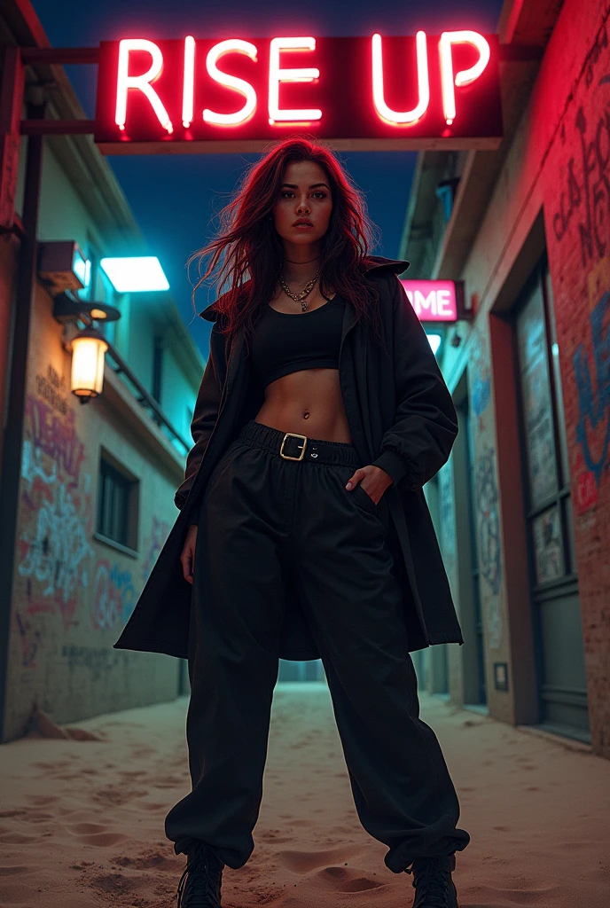 Cover for a song titled 'JOHNNY' in the Trap Hip Hop Drill genre. The focus is on a strong, fierce woman. She remains confident, wearing urban clothing with dark, dark tones, in a sandy urban landscape. The background is a night scene with graffiti covered walls, bright neon signs, and shadows to create an intense, powerful atmosphere. The woman should have a determined expression, symbolizing resistance and power, ready to rise. The title 'Rise Up' is in bold, metallic lettering at the top, with an aggressive touch, urban font style.