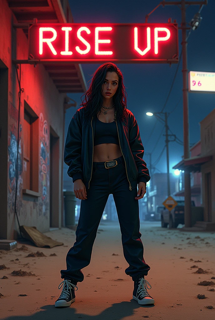 Cover for a song titled 'JOHNNY' in the Trap Hip Hop Drill genre. The focus is on a strong, fierce woman. She remains confident, wearing urban clothing with dark, dark tones, in a sandy urban landscape. The background is a night scene with graffiti covered walls, bright neon signs, and shadows to create an intense, powerful atmosphere. The woman should have a determined expression, symbolizing resistance and power, ready to rise. The title 'Rise Up' is in bold, metallic lettering at the top, with an aggressive touch, urban font style.