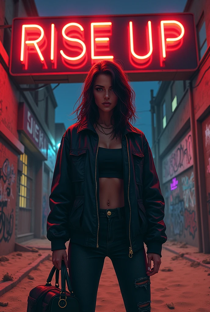 Cover for a song titled 'JOHNNY' in the Trap Hip Hop Drill genre. The focus is on a strong, fierce woman. She remains confident, wearing urban clothing with dark, dark tones, in a sandy urban landscape. The background is a night scene with graffiti covered walls, bright neon signs, and shadows to create an intense, powerful atmosphere. The woman should have a determined expression, symbolizing resistance and power, ready to rise. The title 'Rise Up' is in bold, metallic lettering at the top, with an aggressive touch, urban font style.