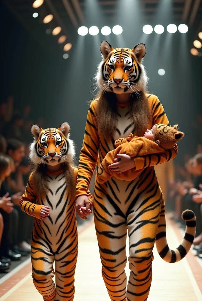 Excessive detail mother, daughter and dressed as tigers walking in a fashion show just like in real life