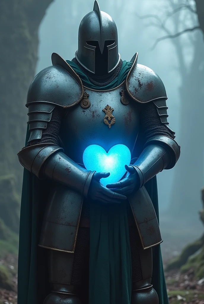 Medieval knight with helmet covering his damaged face hugging a blue heart