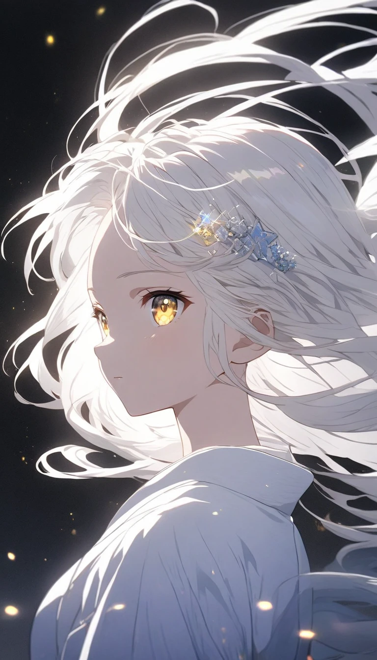 Anime, anime girl, night, stars, hair, long hair, golden eyes, hair accessory, white hair floating in the air, girl with white hair, black background with ray of light, loose white hair