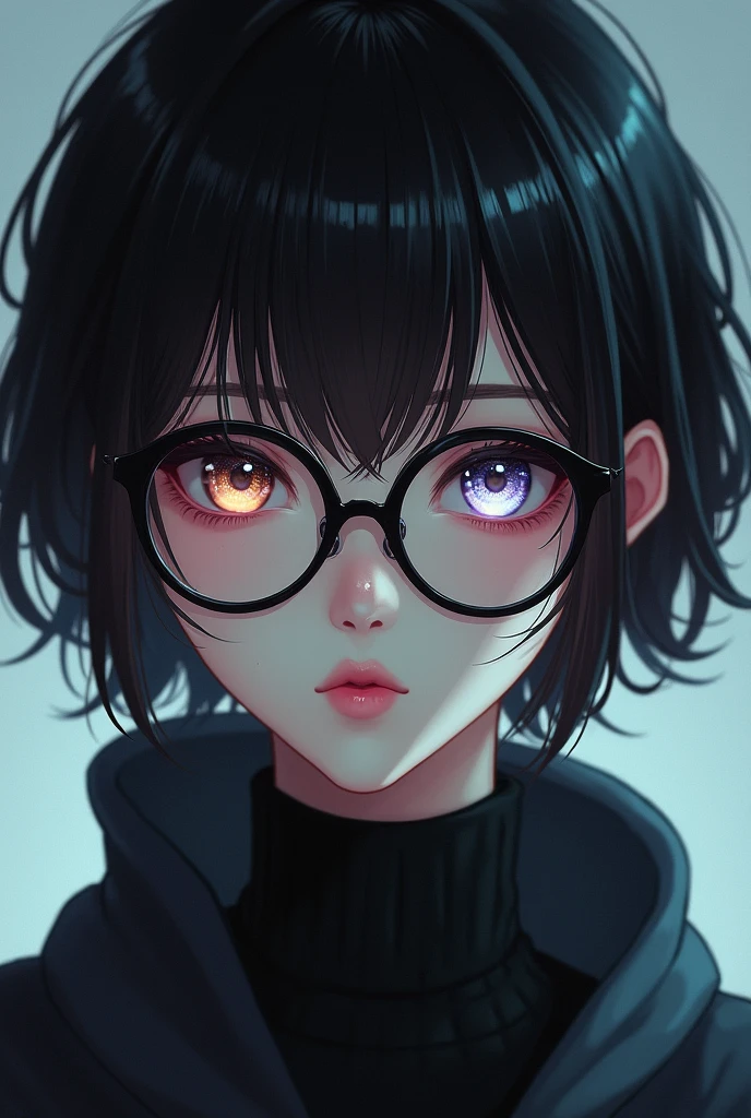 Asian with heterochromia, short-hair, bangss, glasses