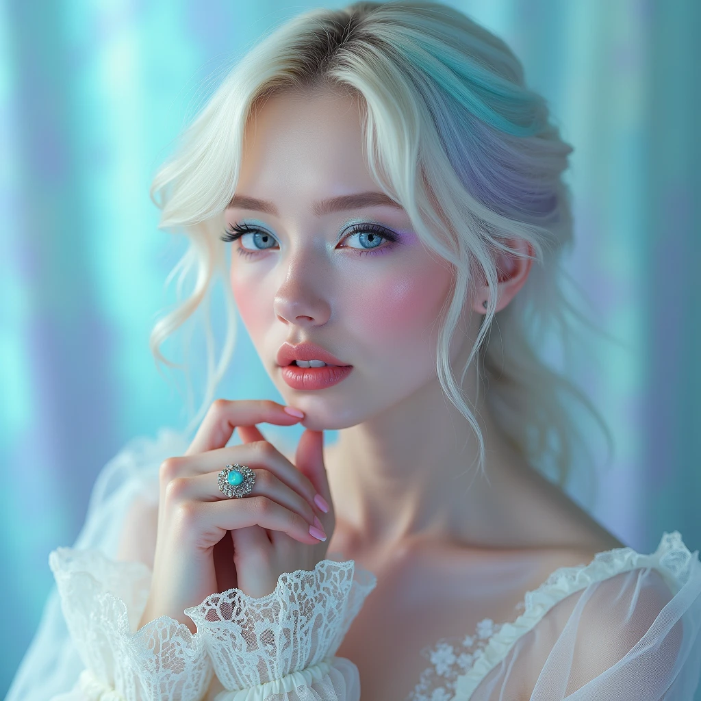Hyper-realistic glamour portrait of an ethereal woman with an otherworldly aesthetic. Her makeup is delicately applied to enhance her fairy-like features. Eyes are accentuated with a subtle, shimmering pastel eyeshadow that complements her striking ice-blue irises. Lashes are long and feathery, creating a dreamy gaze. Her complexion is porcelain-like, with a luminous finish that gives her skin an almost translucent quality. A soft, rosy blush graces her cheeks, while her lips are tinted a delicate pink, appearing slightly parted and dewy.
Her hair is a mesmerizing cascade of platinum blonde waves, artfully tousled and voluminous. Streaks of pastel colors - soft teals, lavenders, and pale pinks - are woven throughout, creating a magical, multi-toned effect. The hair texture is captured in exquisite detail, from the silky sheen to the individual strands catching the light.
She wears a diaphanous, off-white gown with intricate lace detailing. The neckline is adorned with delicate, gossamer-like ruffles that frame her collarbones. Sheer, billowing sleeves add to the gown's romantic allure. A pale blue ribbon, tied in a dainty bow, is visible at the sleeve, enhancing the fairytale-inspired look.
Her hands are clasped gently near her face in a pose of quiet contemplation. On one finger, she wears an ornate ring featuring a large, iridescent stone that seems to change color in the light.
The lighting is soft and diffused, bathing the scene in a dreamy, pastel glow. Cool tones dominate, with subtle shifts between blues, pinks, and lavenders, creating an almost surreal atmosphere. Every detail is captured with crystalline clarity - from the individual eyelashes to the intricate lace patterns of her gown.
The overall effect is a captivating blend of high-fashion editorial and fantastical portraiture, embodying an air of delicate beauty and otherworldly grace.