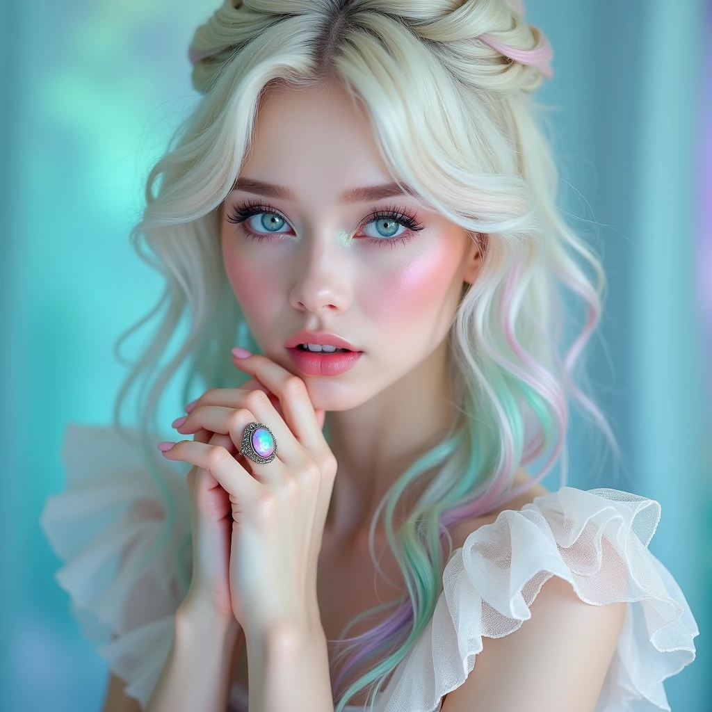 Hyper-realistic glamour portrait of an ethereal woman with an otherworldly aesthetic. Her makeup is delicately applied to enhance her fairy-like features. Eyes are accentuated with a subtle, shimmering pastel eyeshadow that complements her striking ice-blue irises. Lashes are long and feathery, creating a dreamy gaze. Her complexion is porcelain-like, with a luminous finish that gives her skin an almost translucent quality. A soft, rosy blush graces her cheeks, while her lips are tinted a delicate pink, appearing slightly parted and dewy.
Her hair is a mesmerizing cascade of platinum blonde waves, artfully tousled and voluminous. Streaks of pastel colors - soft teals, lavenders, and pale pinks - are woven throughout, creating a magical, multi-toned effect. The hair texture is captured in exquisite detail, from the silky sheen to the individual strands catching the light.
She wears a diaphanous, off-white gown with intricate lace detailing. The neckline is adorned with delicate, gossamer-like ruffles that frame her collarbones. Sheer, billowing sleeves add to the gown's romantic allure. A pale blue ribbon, tied in a dainty bow, is visible at the sleeve, enhancing the fairytale-inspired look.
Her hands are clasped gently near her face in a pose of quiet contemplation. On one finger, she wears an ornate ring featuring a large, iridescent stone that seems to change color in the light.
The lighting is soft and diffused, bathing the scene in a dreamy, pastel glow. Cool tones dominate, with subtle shifts between blues, pinks, and lavenders, creating an almost surreal atmosphere. Every detail is captured with crystalline clarity - from the individual eyelashes to the intricate lace patterns of her gown.
The overall effect is a captivating blend of high-fashion editorial and fantastical portraiture, embodying an air of delicate beauty and otherworldly grace.