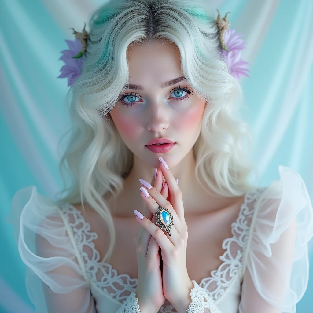 Hyper-realistic glamour portrait of an ethereal woman with an otherworldly aesthetic. Her makeup is delicately applied to enhance her fairy-like features. Eyes are accentuated with a subtle, shimmering pastel eyeshadow that complements her striking ice-blue irises. Lashes are long and feathery, creating a dreamy gaze. Her complexion is porcelain-like, with a luminous finish that gives her skin an almost translucent quality. A soft, rosy blush graces her cheeks, while her lips are tinted a delicate pink, appearing slightly parted and dewy.
Her hair is a mesmerizing cascade of platinum blonde waves, artfully tousled and voluminous. Streaks of pastel colors - soft teals, lavenders, and pale pinks - are woven throughout, creating a magical, multi-toned effect. The hair texture is captured in exquisite detail, from the silky sheen to the individual strands catching the light.
She wears a diaphanous, off-white gown with intricate lace detailing. The neckline is adorned with delicate, gossamer-like ruffles that frame her collarbones. Sheer, billowing sleeves add to the gown's romantic allure. A pale blue ribbon, tied in a dainty bow, is visible at the sleeve, enhancing the fairytale-inspired look.
Her hands are clasped gently near her face in a pose of quiet contemplation. On one finger, she wears an ornate ring featuring a large, iridescent stone that seems to change color in the light.
The lighting is soft and diffused, bathing the scene in a dreamy, pastel glow. Cool tones dominate, with subtle shifts between blues, pinks, and lavenders, creating an almost surreal atmosphere. Every detail is captured with crystalline clarity - from the individual eyelashes to the intricate lace patterns of her gown.
The overall effect is a captivating blend of high-fashion editorial and fantastical portraiture, embodying an air of delicate beauty and otherworldly grace.