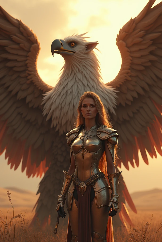 A griffin with outstretched wings, the wings and upper body of an eagle, the body of a lion, a sharp beak, a beautiful and powerful figure, and a princess, who wears armor on her back, ((masterpiece, highest quality, Best image quality, High resolution, realisti, RAW photos, 8k)), ((Highly detailed CG synthesis 8k wallpaper)), (Huge and stunning goddess shot, very hot and sexy, Incredible beauty, proporções perfeitas, Beautiful body, Slim body beauty:1.4), front view,Photograph of a 20-year-old woman, perfect face, masterpiece, hea, underwear, black_hea, jacket, black_panties