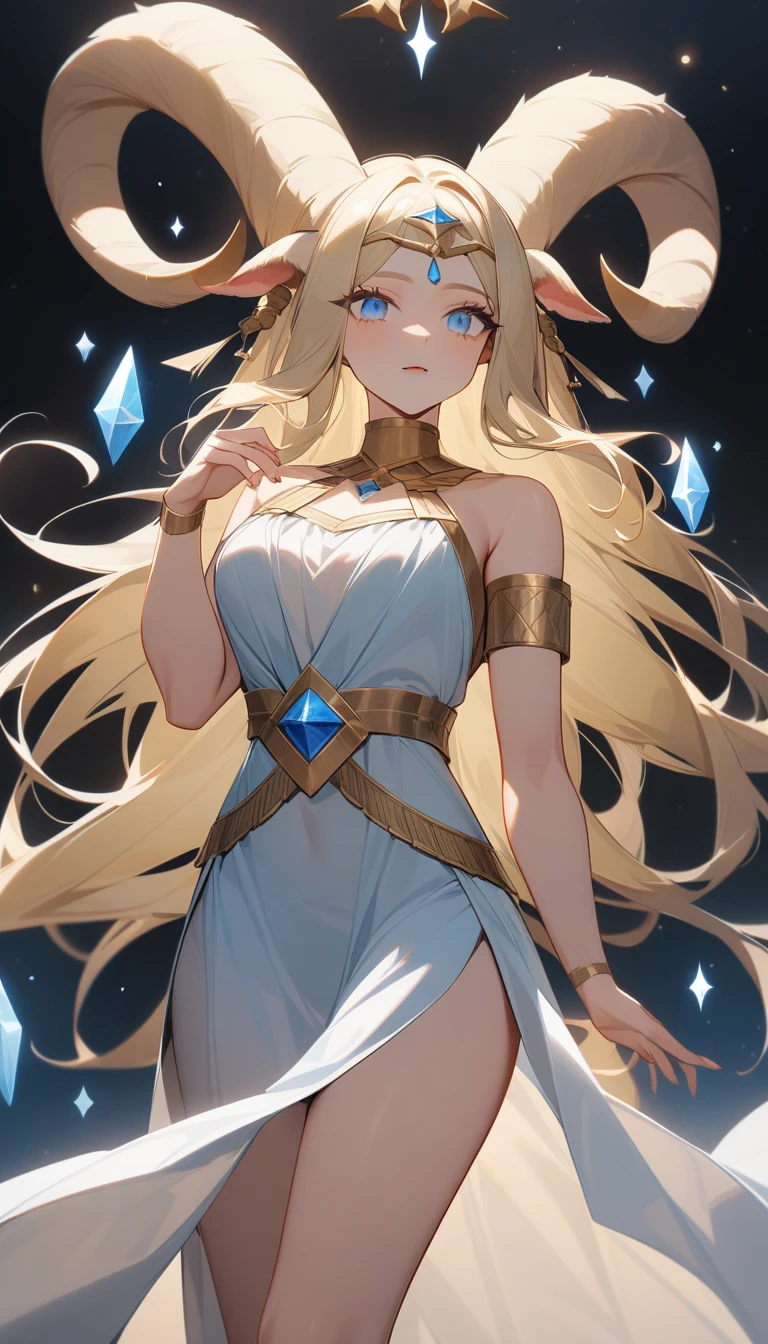 (Huang Li、high quality、Extremely detailed),Constellation - Goddess Capricorn,Giant goat,The goddess caresses the goat,Similar to Latin goodness,brave,capricious,Productivity,The face of enterprising and humanitarianism,Blonde Hair,Ancient Greek costumes、Wrap Dress,background is heavenly,Light crystal blue eyes(Eyes Details),Powerful appearance