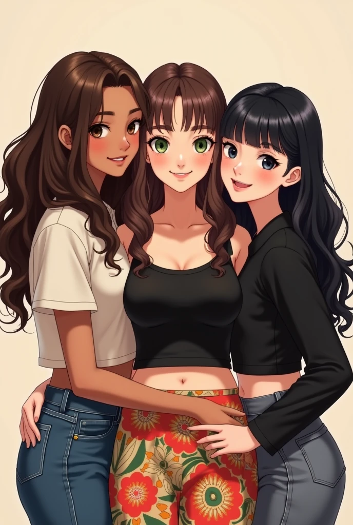 I want an AI image of three girls:
The first girl, left side, has very long dark brown hair that is wavy at the ends, black eye, and it is average, wears a black dress. She has very light brown skin. happy expression.
The second girl, middle, has very long straight brown hair and green eyes, is of average height and wears a black crop top with a colorful skirt. happy expression.
The third , right side, has medium straight black hair with bangs, dark BLACK eyes and is short. She is Asian and wears a black blouse.. happy expression.