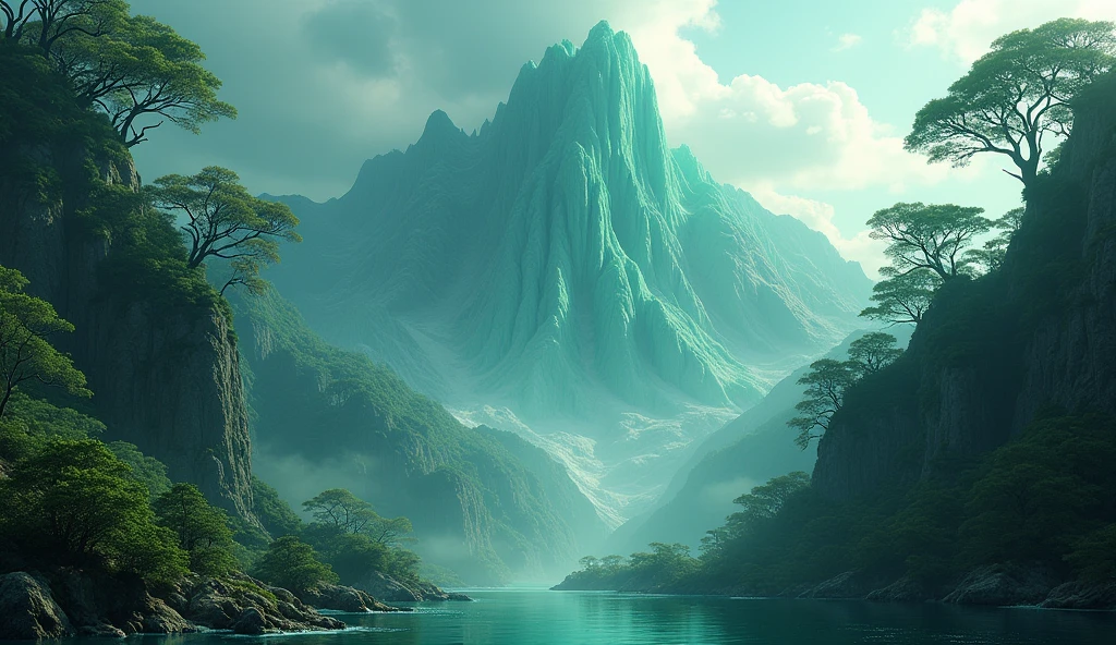 a high mountain, one half of the mountain is smooth jade, the other half is covered in strange and twisted trees, (best quality,4k,8k,highres,masterpiece:1.2),ultra-detailed,(realistic,photorealistic,photo-realistic:1.37),dramatic lighting,vibrant colors,fantasy landscape,cinematic composition,intricate details,dramatic shadows,moody atmosphere,mysterious