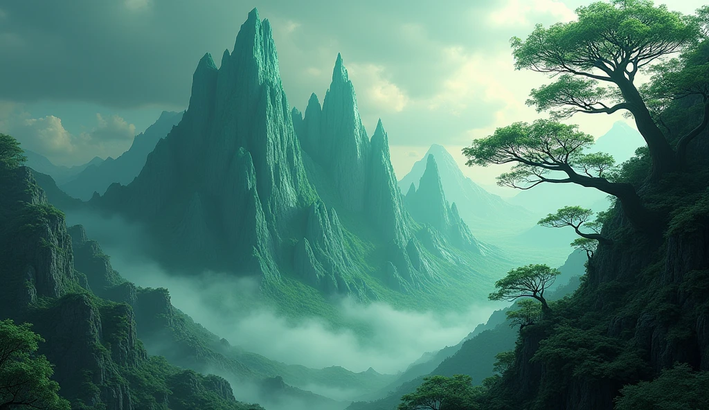 a high mountain, one half of the mountain is smooth jade, the other half is covered in strange and twisted trees, (best quality,4k,8k,highres,masterpiece:1.2),ultra-detailed,(realistic,photorealistic,photo-realistic:1.37),dramatic lighting,vibrant colors,fantasy landscape,cinematic composition,intricate details,dramatic shadows,moody atmosphere,mysterious