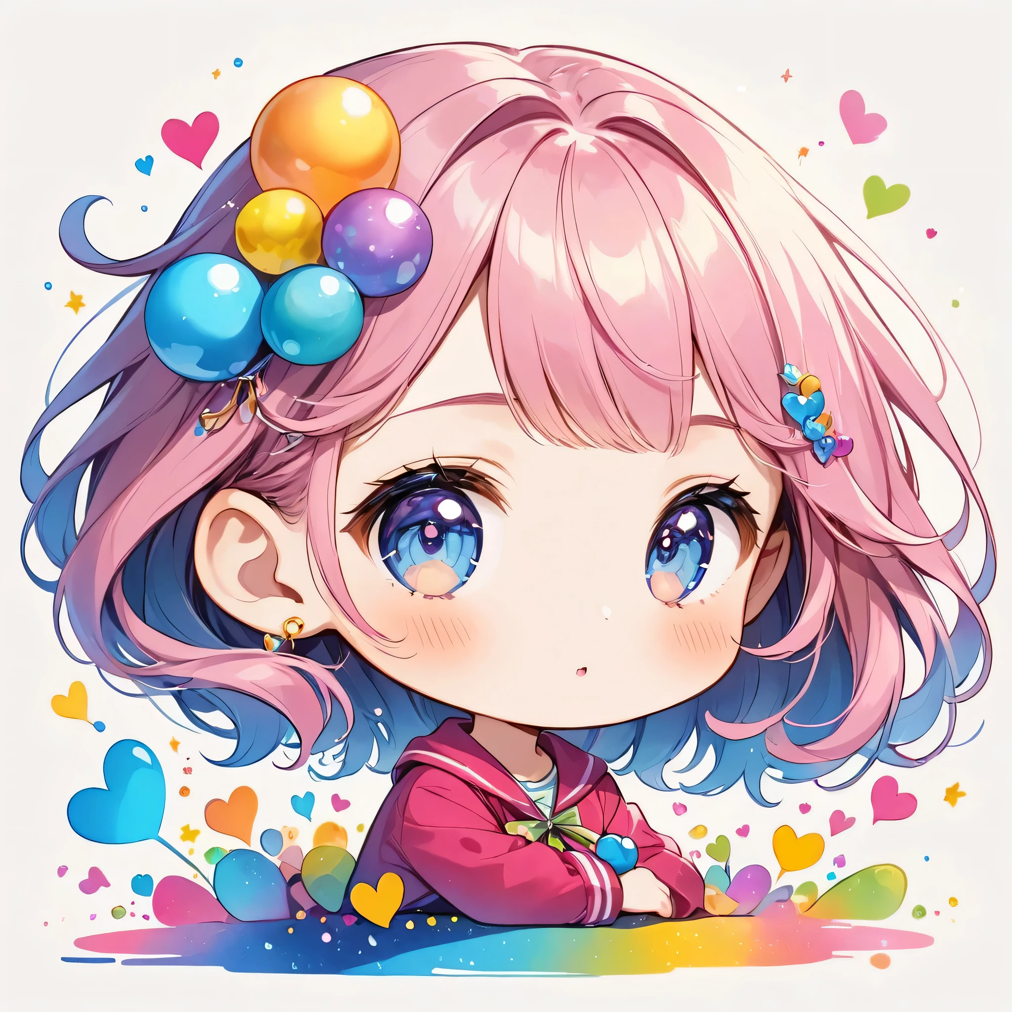 Momoko Sakura colorfull style, Simple Line Initialism,Abstract art,(((The most beautiful girl of all time))), (((chibi))), Sweet face. colorful hearts, funny design, (((bosom buddy ))), (((Cute Aliens))), The background is space
